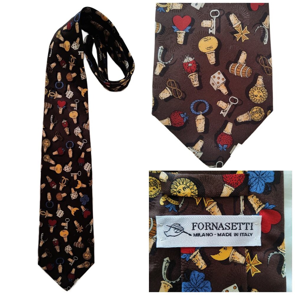 Fornasetti Italy Men's 100% Silk Necktie Tie w' Bottle Stopper Allover Print